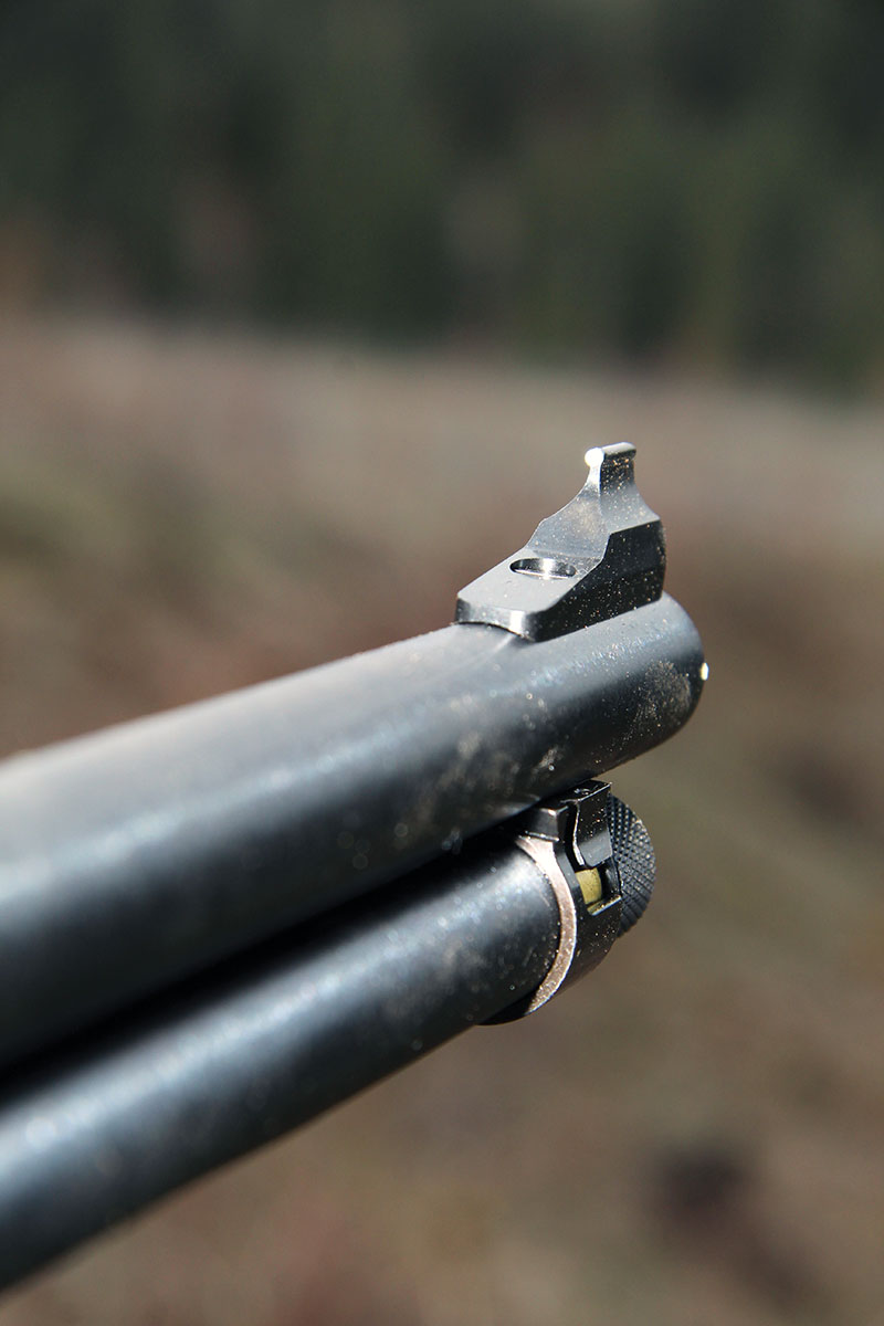 The front ramp-style sight of the Henry Side Gate holds a highly-visible ivory bead and is screwed to the front of the round 20-inch barrel.